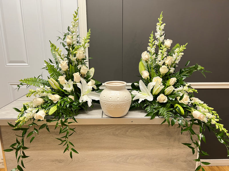 Duo of white funeral composition for urn
