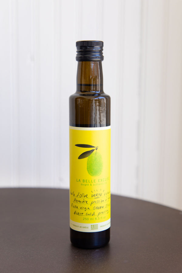 Extra virgin green olive oil. First cold pressing